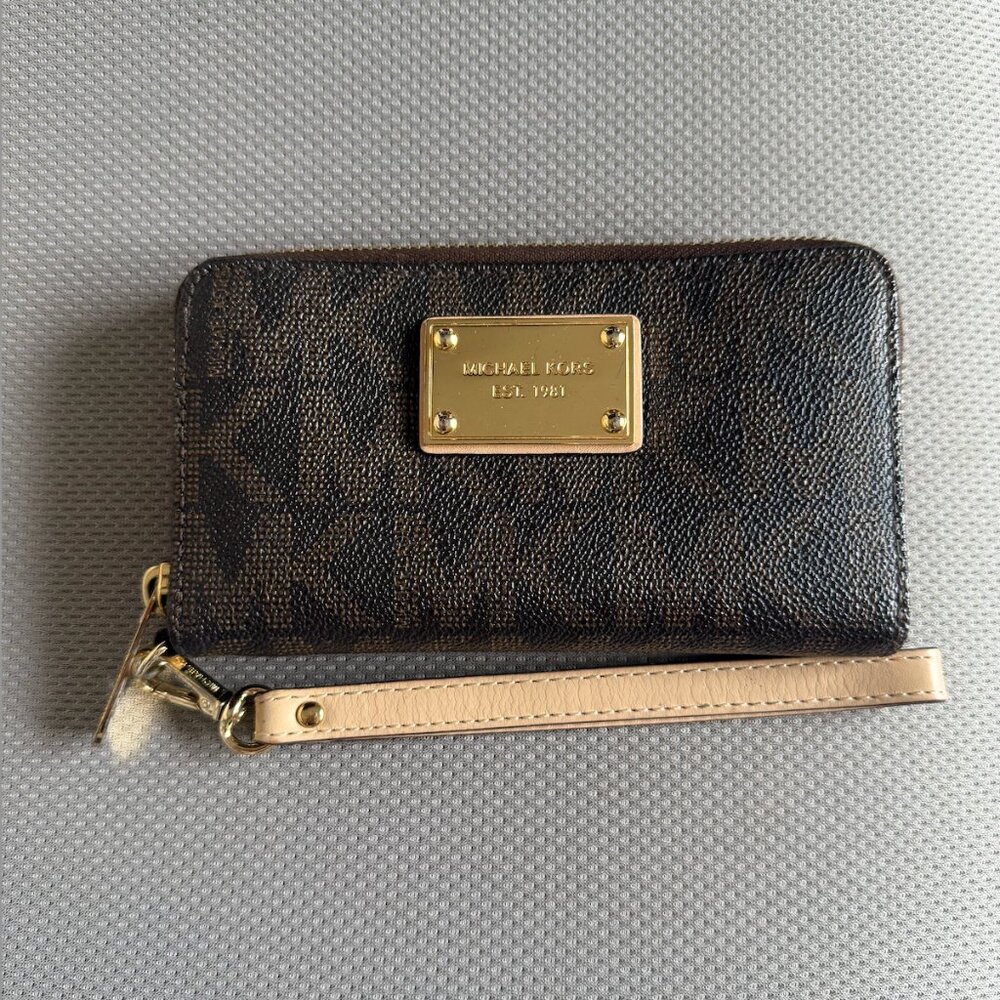 Michael Kors Brown Logo Leather Wristlet Wallet